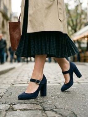 Chloe Vintage Navy Suede Mary Jane Block Heels with Ankle Strap